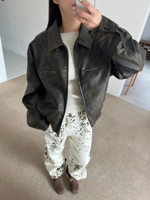 washed scratch leather blouson jacket