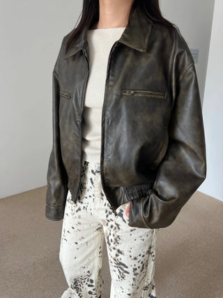 washed scratch leather blouson jacket