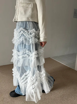 see-through layered chiffon flare cancan frill banding long skirt