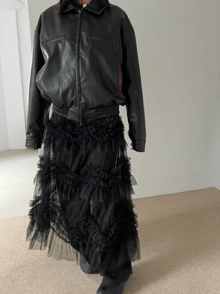 see-through layered chiffon flare cancan frill banding long skirt