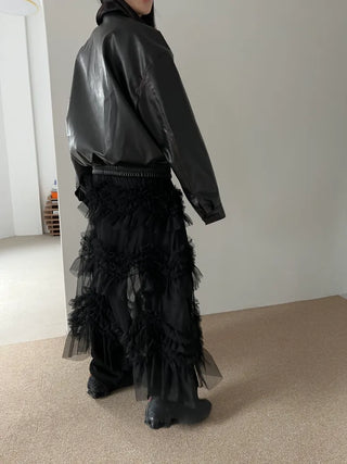 see-through layered chiffon flare cancan frill banding long skirt