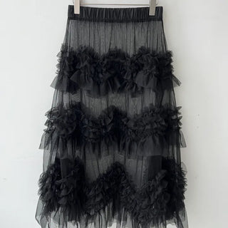 see-through layered chiffon flare cancan frill banding long skirt