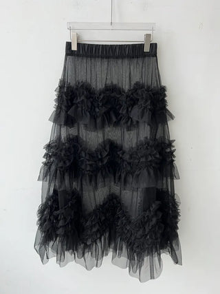 see-through layered chiffon flare cancan frill banding long skirt