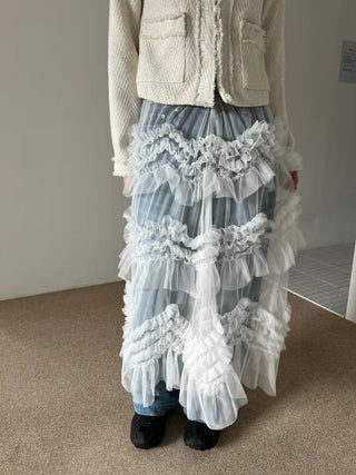 see-through layered chiffon flare cancan frill banding long skirt
