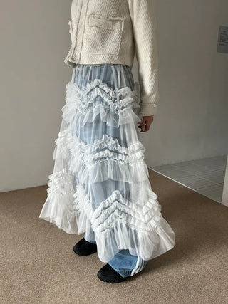 see-through layered chiffon flare cancan frill banding long skirt