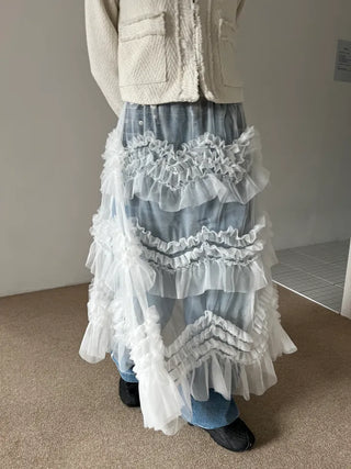 see-through layered chiffon flare cancan frill banding long skirt