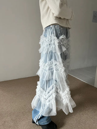 see-through layered chiffon flare cancan frill banding long skirt
