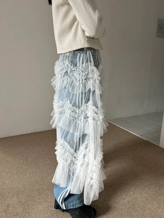 see-through layered chiffon flare cancan frill banding long skirt