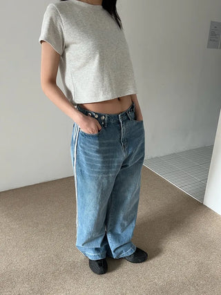 track line bijou string light blue black wide denim pants