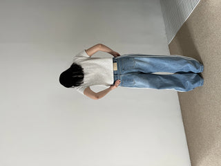 track line bijou string light blue black wide denim pants