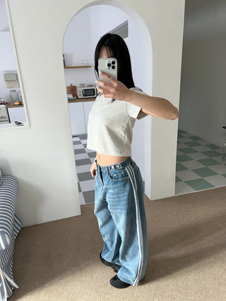 track line bijou string light blue black wide denim pants