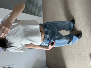 track line bijou string light blue black wide denim pants