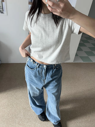 track line bijou string light blue black wide denim pants