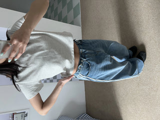 track line bijou string light blue black wide denim pants