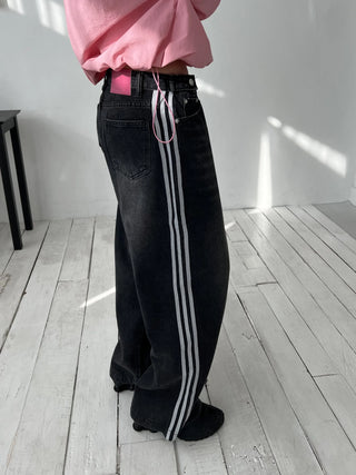 track line bijou string light blue black wide denim pants