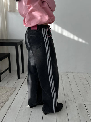 track line bijou string light blue black wide denim pants