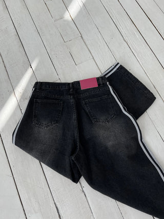 track line bijou string light blue black wide denim pants