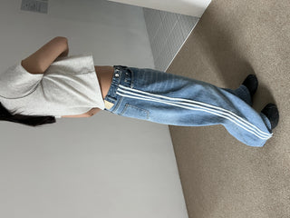 track line bijou string light blue black wide denim pants