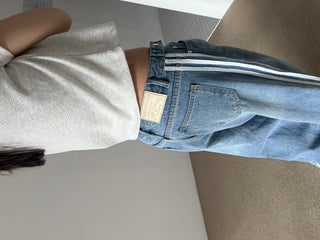 track line bijou string light blue black wide denim pants