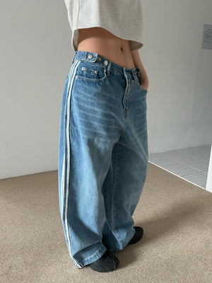 track line bijou string light blue black wide denim pants