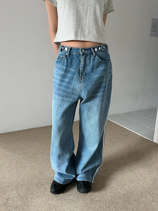 track line bijou string light blue black wide denim pants