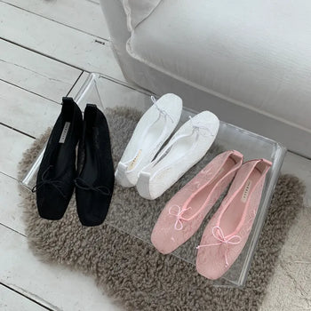 mesh lace flower ribbon flat shoes