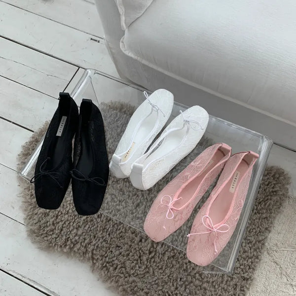 mesh lace flower ribbon flat shoes