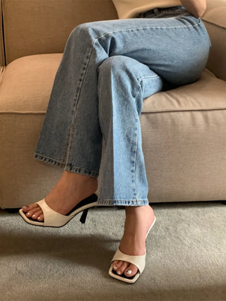 simple ribbon square mule slingback sandals heel