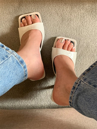 simple ribbon square mule slingback sandals heel