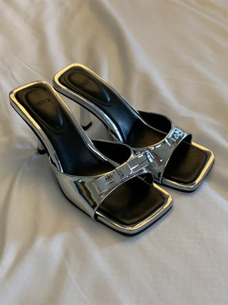 simple ribbon square mule slingback sandals heel