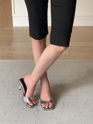 simple ribbon square mule slingback sandals heel