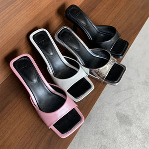 simple ribbon square mule slingback sandals heel