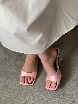 simple ribbon square mule slingback sandals heel