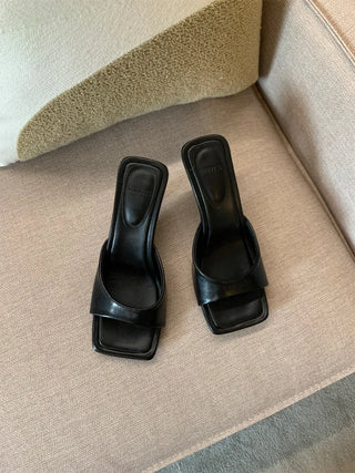 simple ribbon square mule slingback sandals heel