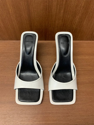 simple ribbon square mule slingback sandals heel