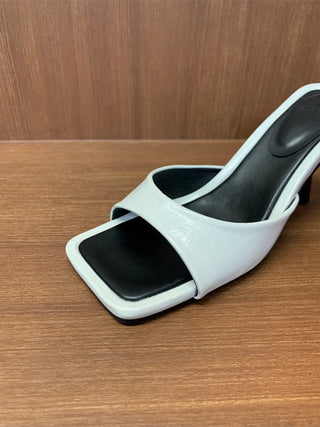 simple ribbon square mule slingback sandals heel