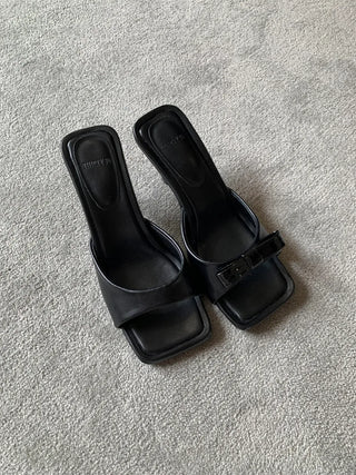 simple ribbon square mule slingback sandals heel