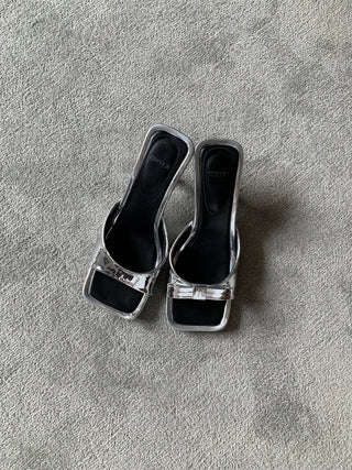 simple ribbon square mule slingback sandals heel