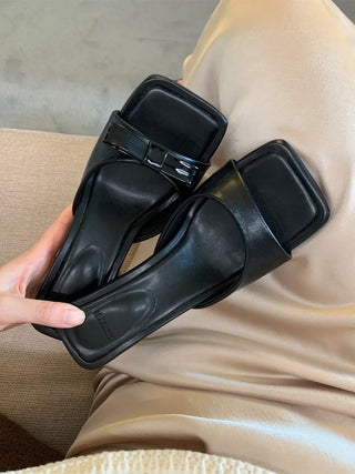 simple ribbon square mule slingback sandals heel