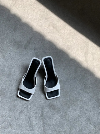 simple ribbon square mule slingback sandals heel