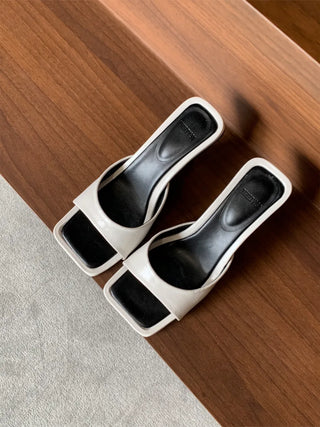 simple ribbon square mule slingback sandals heel