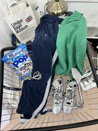 terry lace long wide jogger string training pants