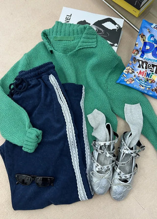 terry lace long wide jogger string training pants