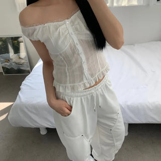 Off-shoulder frill sleeveless blouse