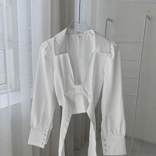 Frill Ribbon Deep V-Neck Smoke Crop Blouse