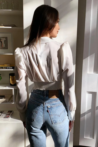 Frill Ribbon Deep V-Neck Smoke Crop Blouse