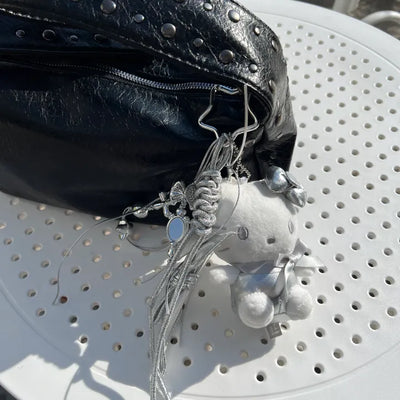Silver Ribbon Cat Keychain Kitty Keyring Gaku Baekku