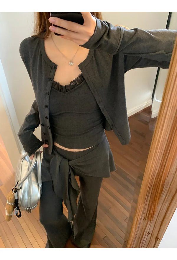 three-piece cardigan lace nasi bootcut wrap pants set