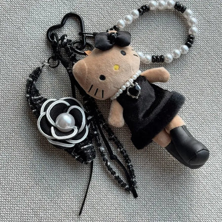 Chanel Pearl Black Cat Kitty Keychain Bag Ornament Keyring