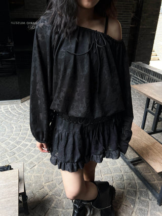 flower see-through lace off-shoulder ribbon blouse